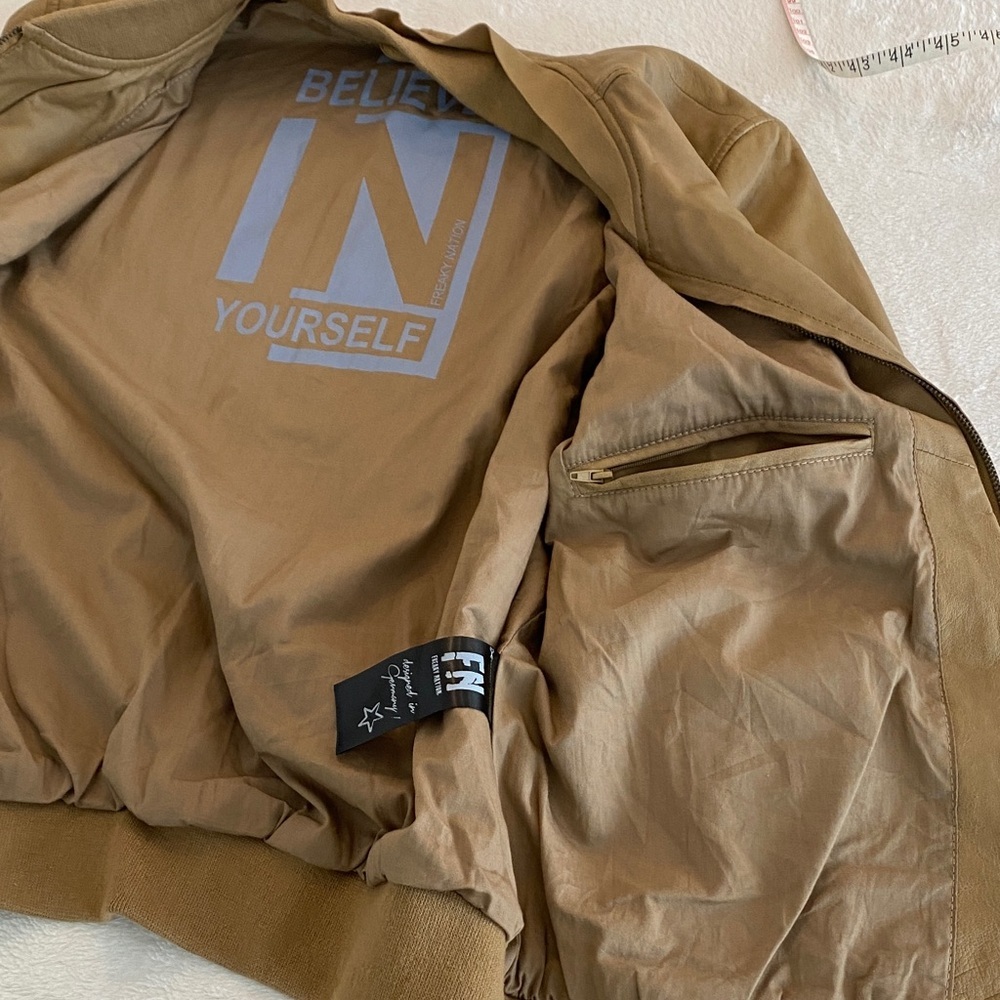 Freaky Nation Believe in Yourself Men's Tan Leather Jacket. Designed in Germany - Picture 10 of 14
